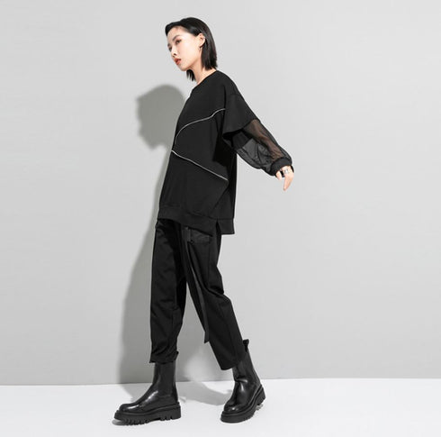 Tメッシュ仕様アシンメトリー長袖Tシャツ/カットソー ファスナー 黒 ブラック /レディース モレビー|モード系ファッションブランド